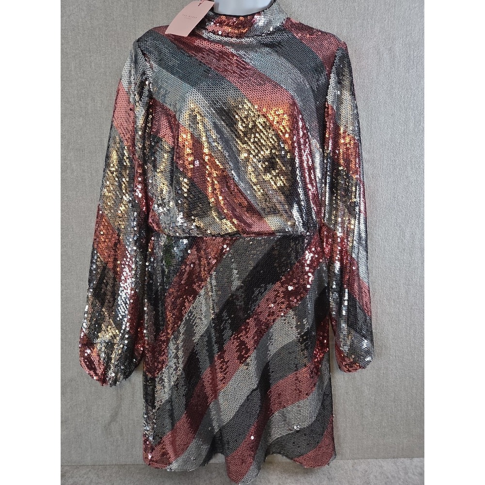 TED BAKER LONDON Size 2 JOCASTA STRIPE SEQUINS MOCK NECK MINI COCKTAIL DRESS NEW